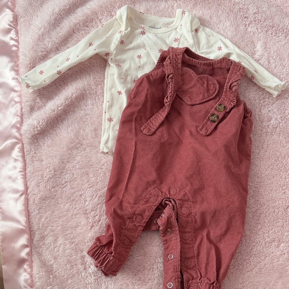 Rust Pink Heart Romper with White Floral Long Sleeve Onesie